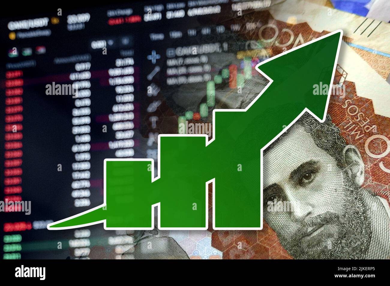 Economy graph rising arrow, Colombian pesos in cash and stock market