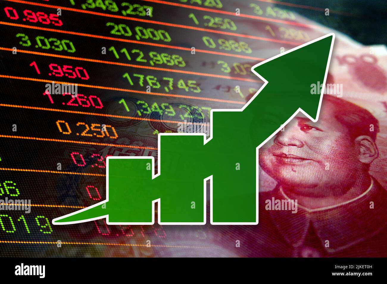 Economy graph rising arrow, Chinese yuan in cash and stock market