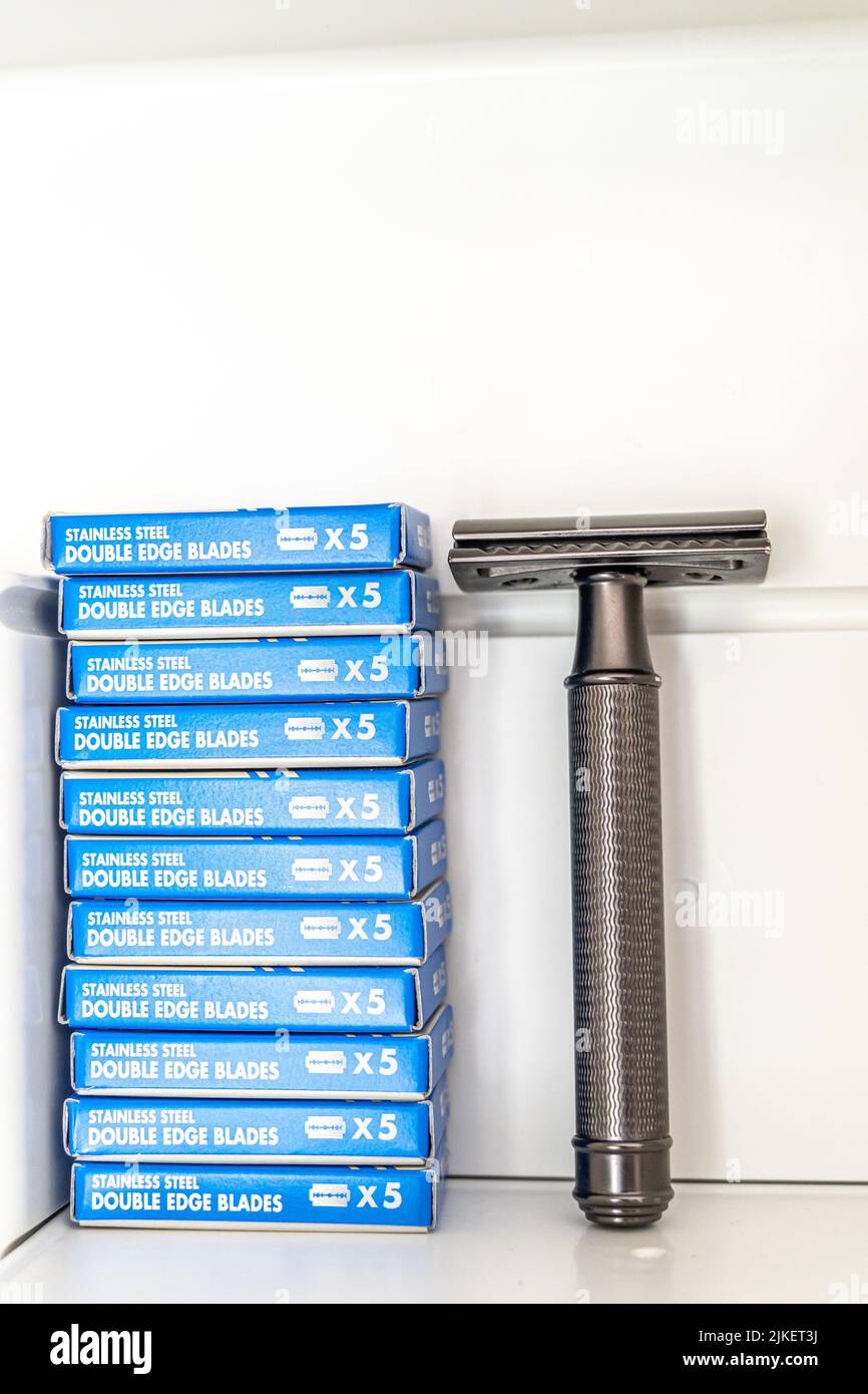 Shaving stick and packs of Safety razors Stock Photo