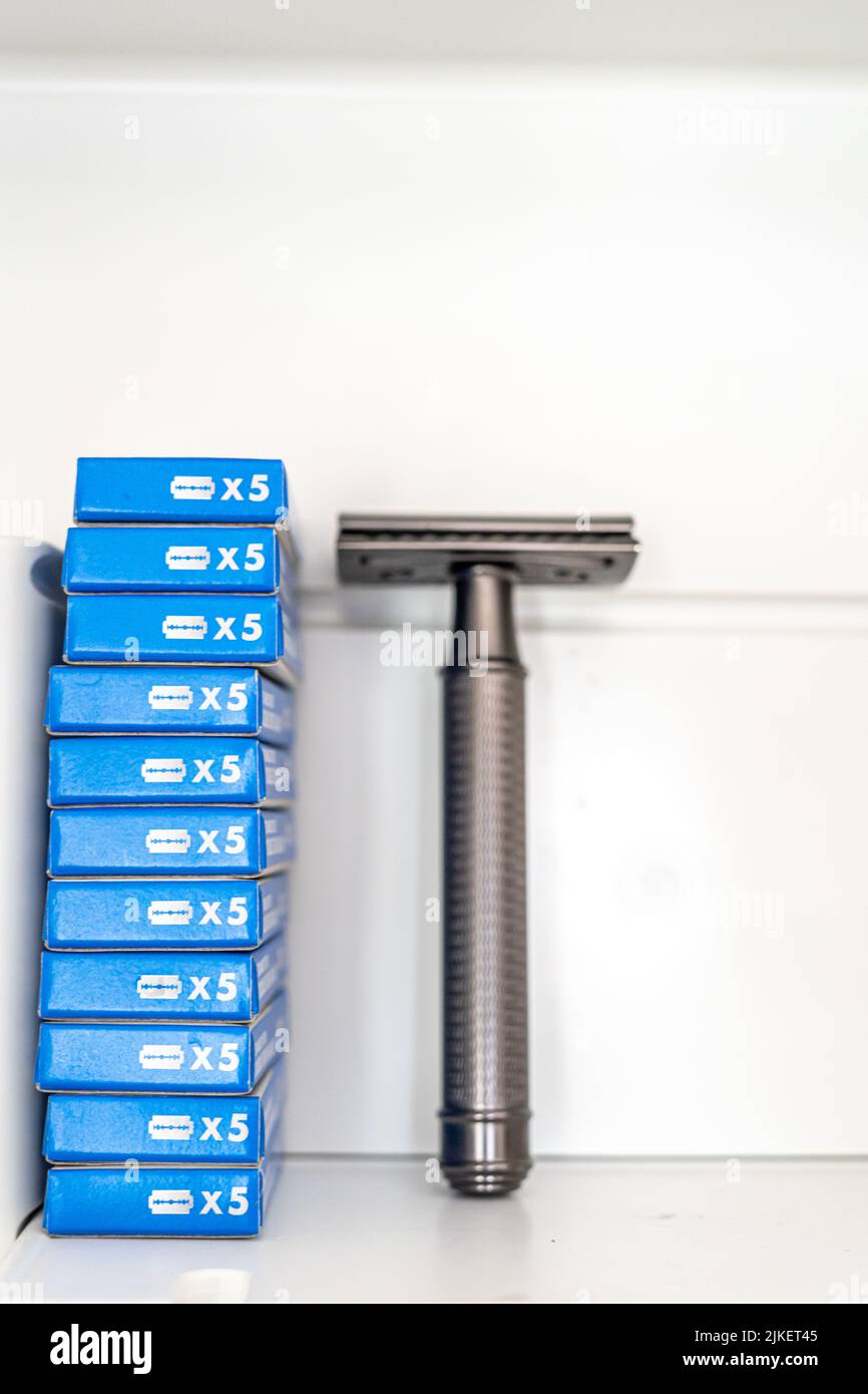 Shaving stick and packs of Safety razors Stock Photo