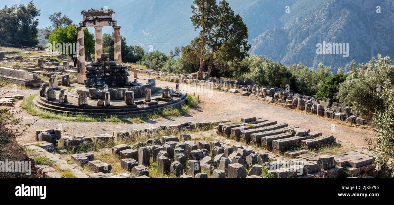 Delphi Greece, Archaeological Site. Ancient Greek considered Delfi as the centre of the world. Stone and columns, high angle view. Stock Photo