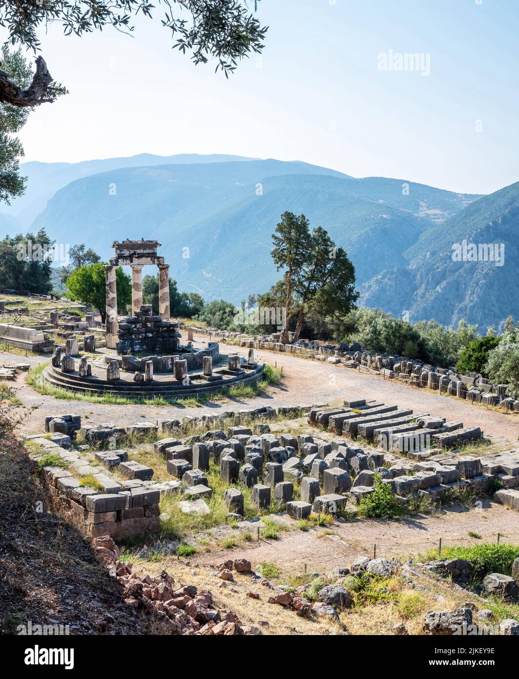 Delphi Greece, Archaeological Site. Ancient Greek considered Delfi as the centre of the world. Stone and columns, high angle view. Stock Photo