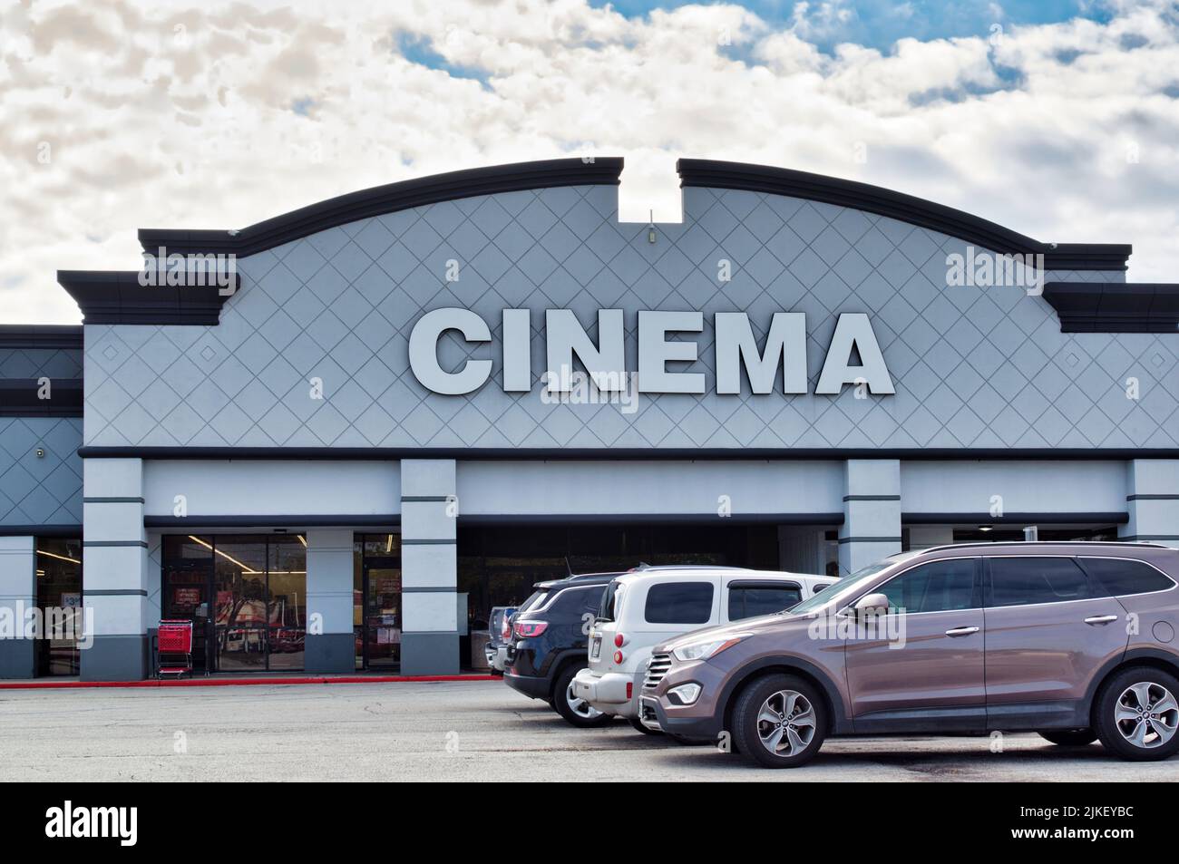 Houston, Texas USA 11-12-2021: Cinema complex exterior and parking lot in North Oaks shopping center, Houston TX. Stock Photo