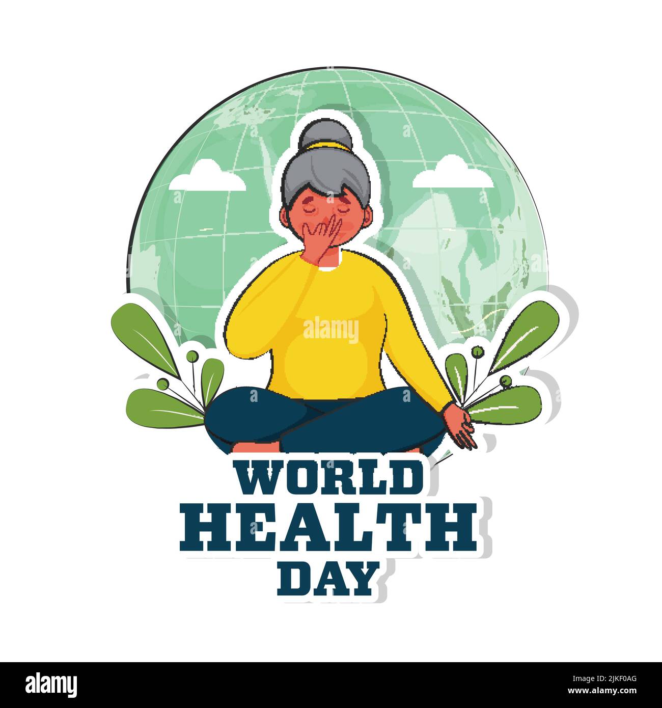 Sticker Style World Health Day Text With Young Woman Doing Alternate Nostril Breathing And Leaves On Earth Globe White Background. Stock Vector