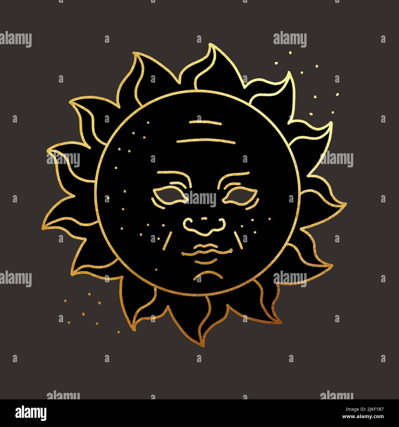 Sun tarot card with face. graphic illustration with golden lines on a dark background Stock Photo