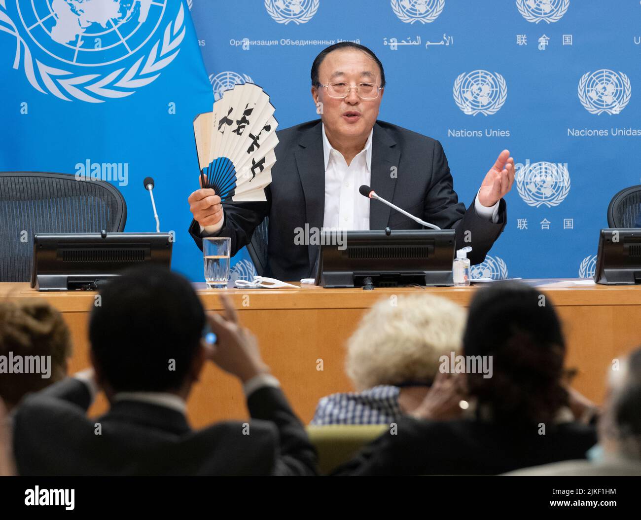 New York, NY - August 1, 2022: Press Briefing by Ambassador Zhang Jun, President of Security COuncil for the month of August at UN Headquarters Stock Photo