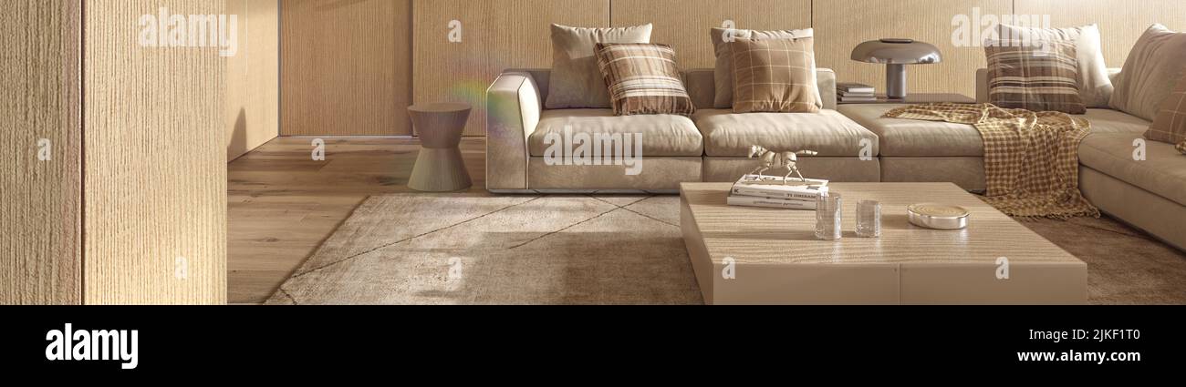 Luxury modern interior design living room. Lighting and sunny apartment japanese style. 3d render illustration. Web banner. Stock Photo