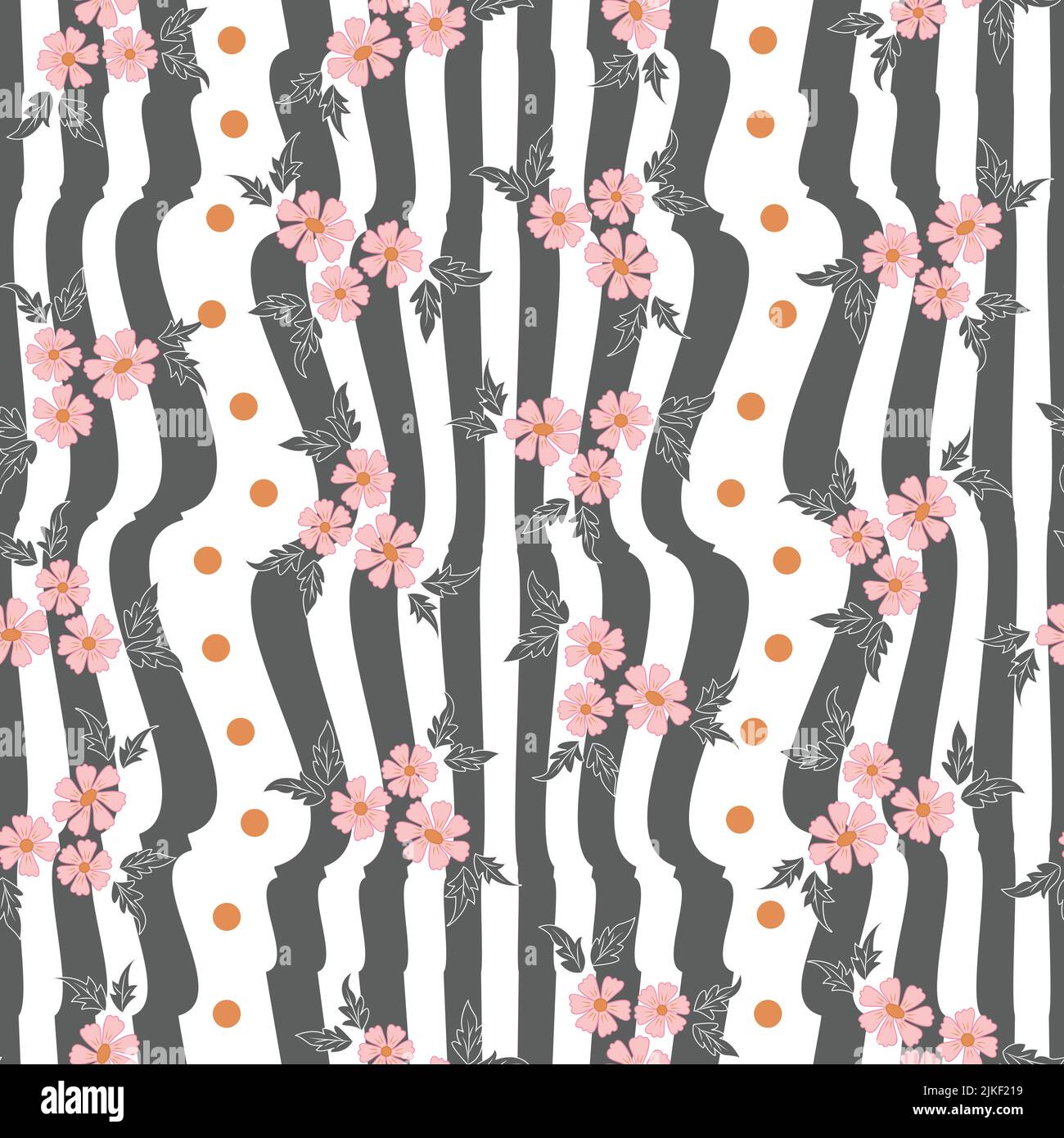 Grey pink floral bunches stripes seamless vector repeat pattern background with hand drawn elements Stock Vector