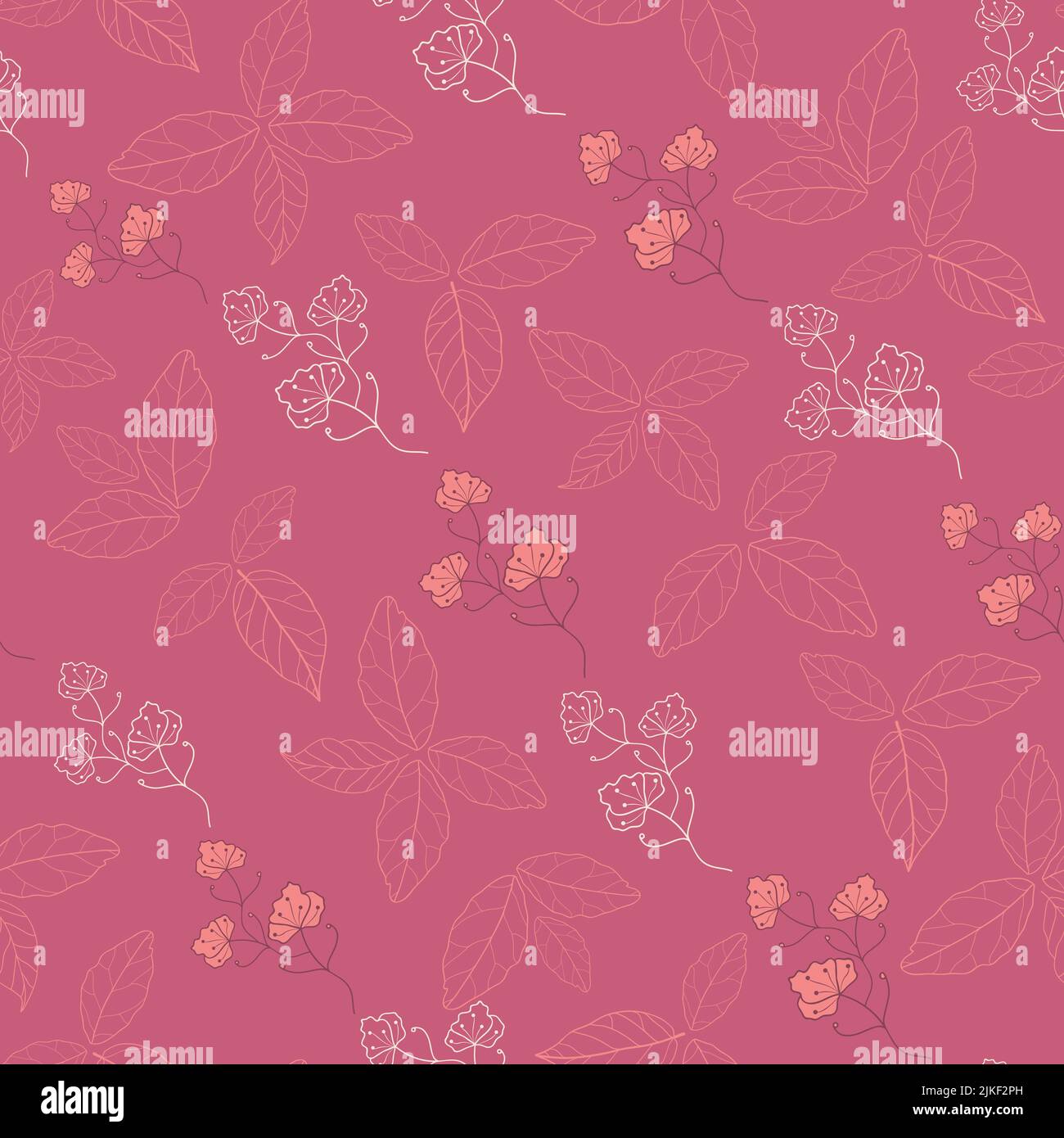 Vector hibiscus pink flowers with line art leaves elegant seamless pattern background with hand drawn elements Stock Vector