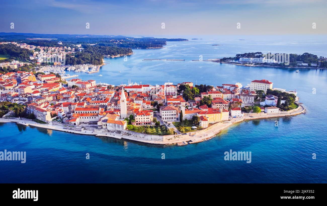 Porec, Croatia. Aerial drone view of old town and Adriatic Sea, Istria region, Europe. Travel background concept. Stock Photo