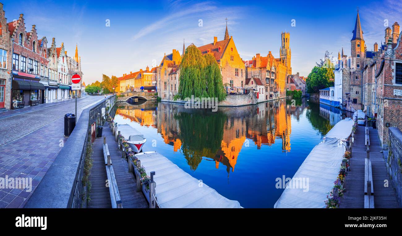 Bruges, Belgium. Blue hour landscape with beautiful Rozenhoedkaai in Brugge, famous Flanders landmark. Stock Photo