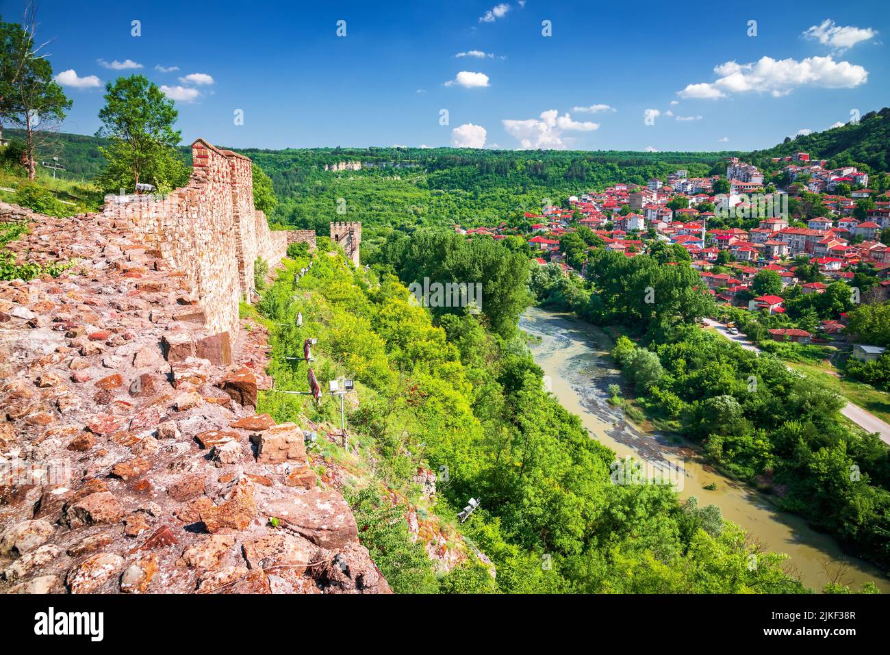 Veliko Tarnovo, Bulgaria. Tsarevets medieval walls in historical city of Tarnovo, former bulgarian capital, beautiful summer day. Stock Photo