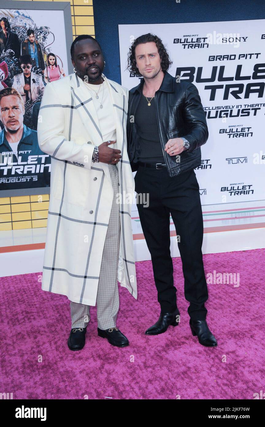 Los Angeles, CA. 1st Aug, 2022. Brian Tyree Henry, Aaron Taylor-Johnson at arrivals for BULLET TRAIN Premiere, Regency Village - Regency Bruin Theater, Los Angeles, CA August 1, 2022. Credit: Elizabeth Goodenough/Everett Collection/Alamy Live News Stock Photo