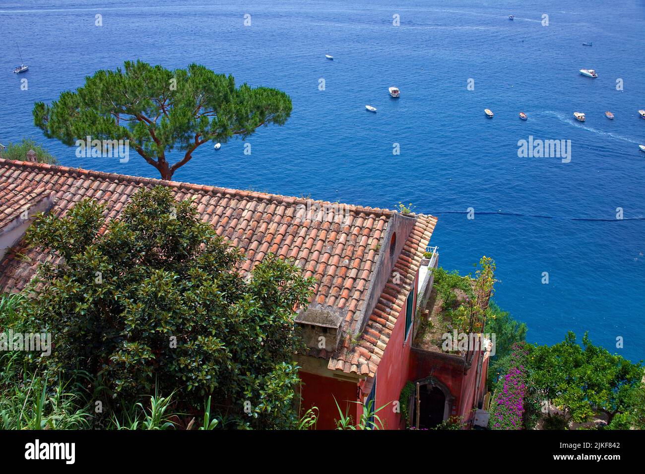 View from a small Hotel over the sea, Positano famous village at Amalfi coast, Unesco World Heritage site, Campania, Italy, Mediterranean sea, Europe Stock Photo