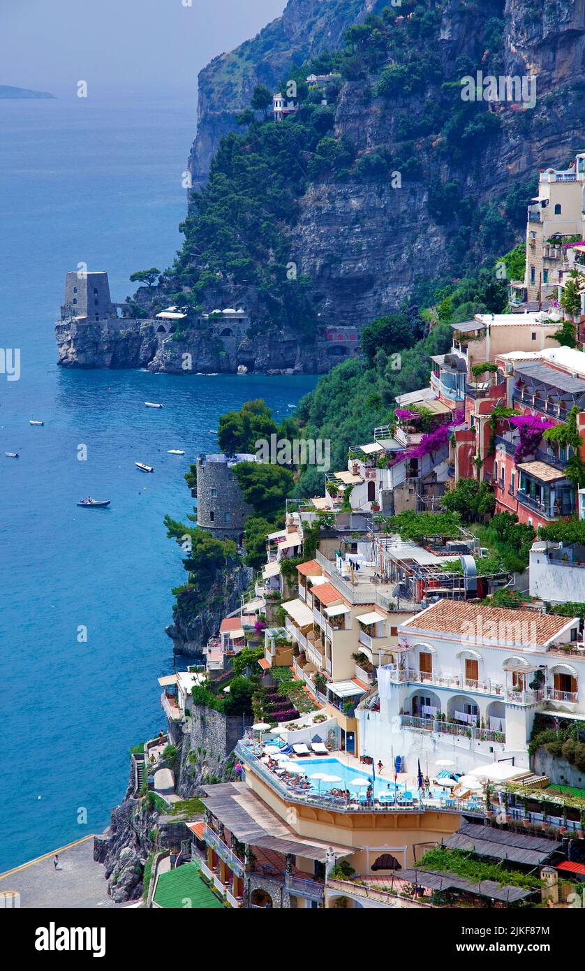 Typical cliff houses and watch towers of Positano, Amalfi coast, Unesco World Heritage site, Campania, Italy, Mediterranean sea, Europe Stock Photo