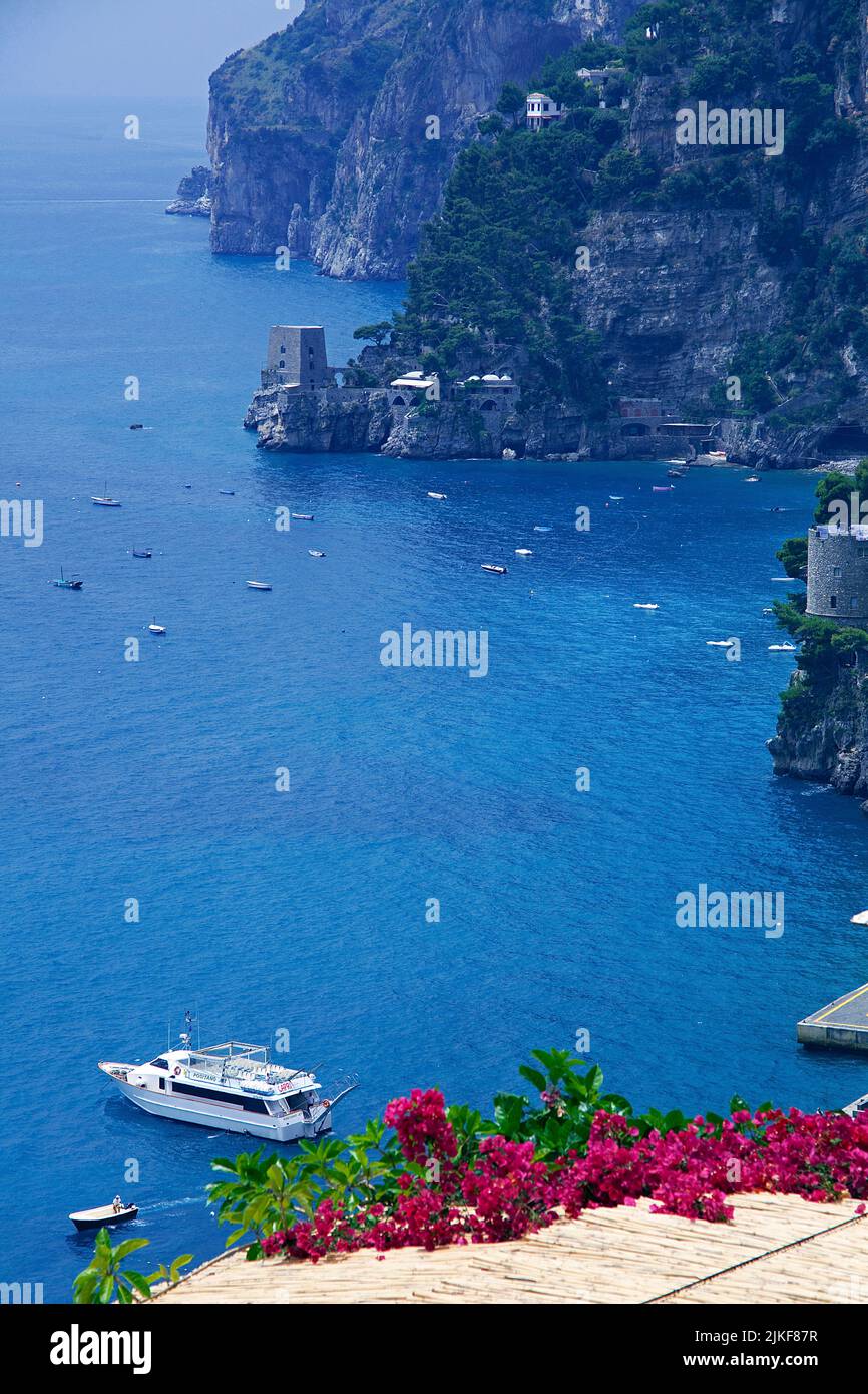 View from a small Hotel on the watch towers of Positano, Amalfi coast, Unesco World Heritage site, Campania, Italy, Mediterranean sea, Europe Stock Photo
