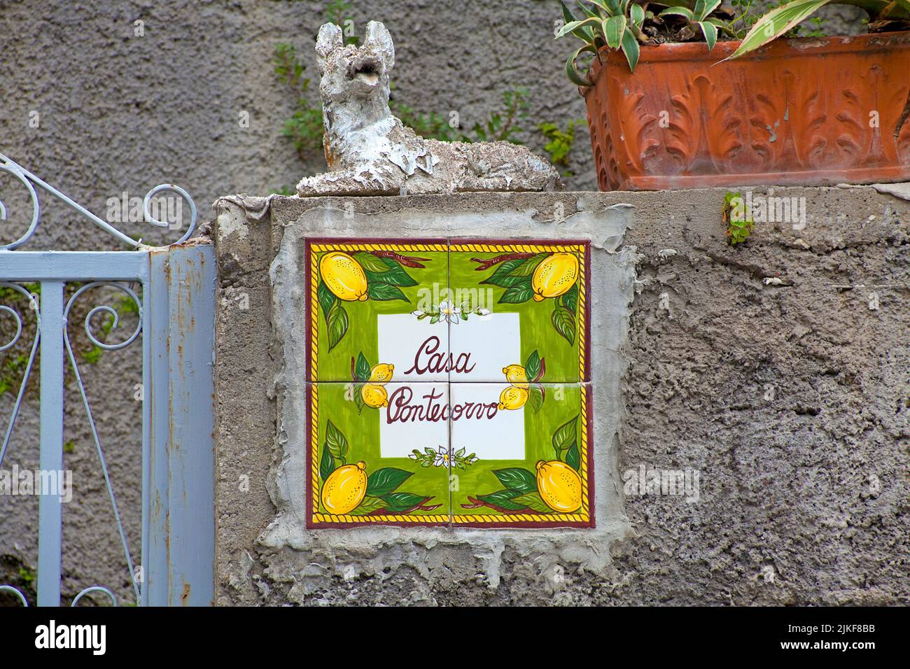 House sign with lemon motiv, small alley at village Positano, Amalfi coast, Unesco World Heritage site, Campania, Italy, Mediterranean sea, Europe Stock Photo