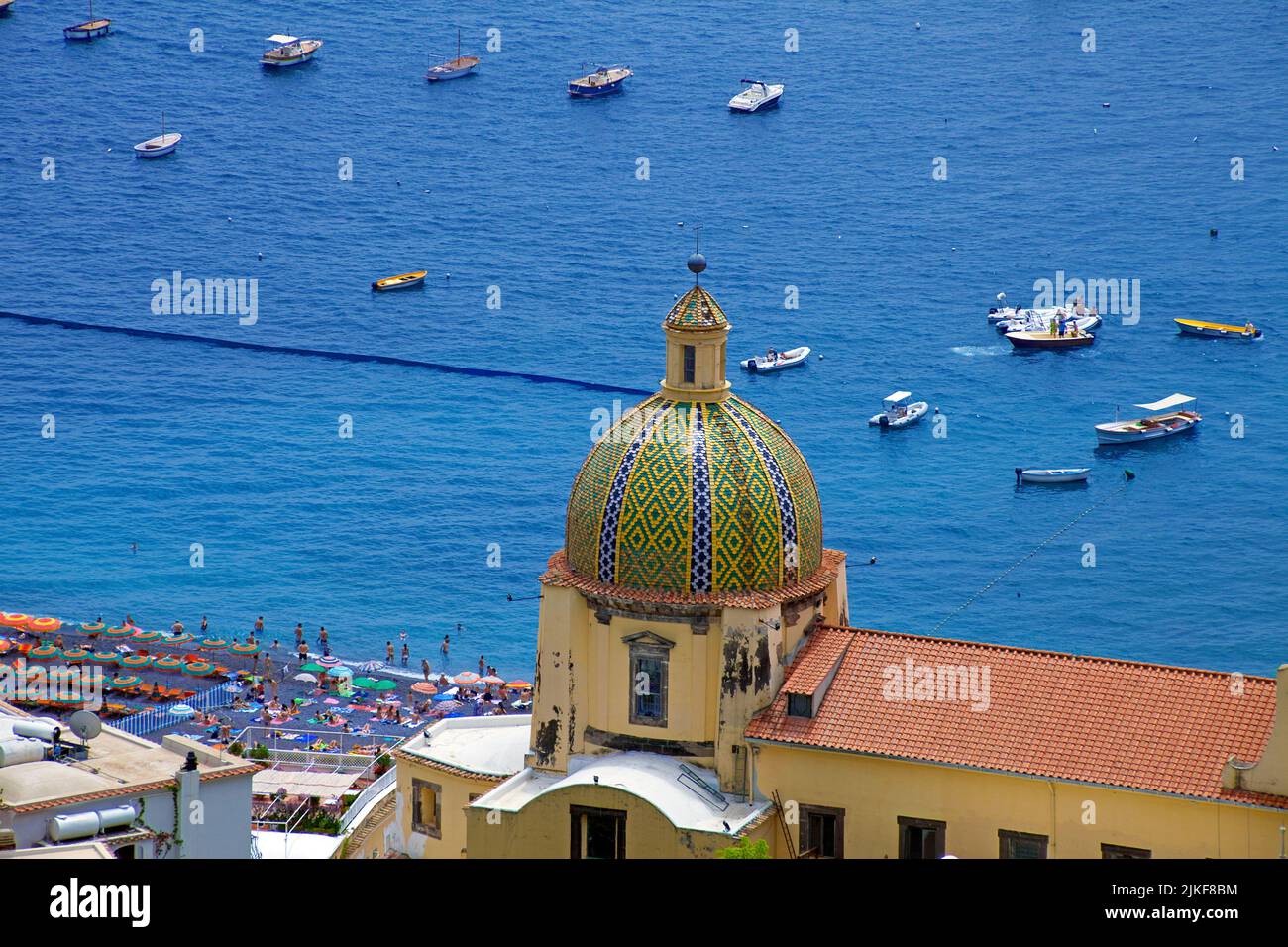 Church of the Virgin Mary and beach, Positano, Amalfi coast, Unesco World Heritage site, Campania, Italy, Mediterranean sea, Europe Stock Photo