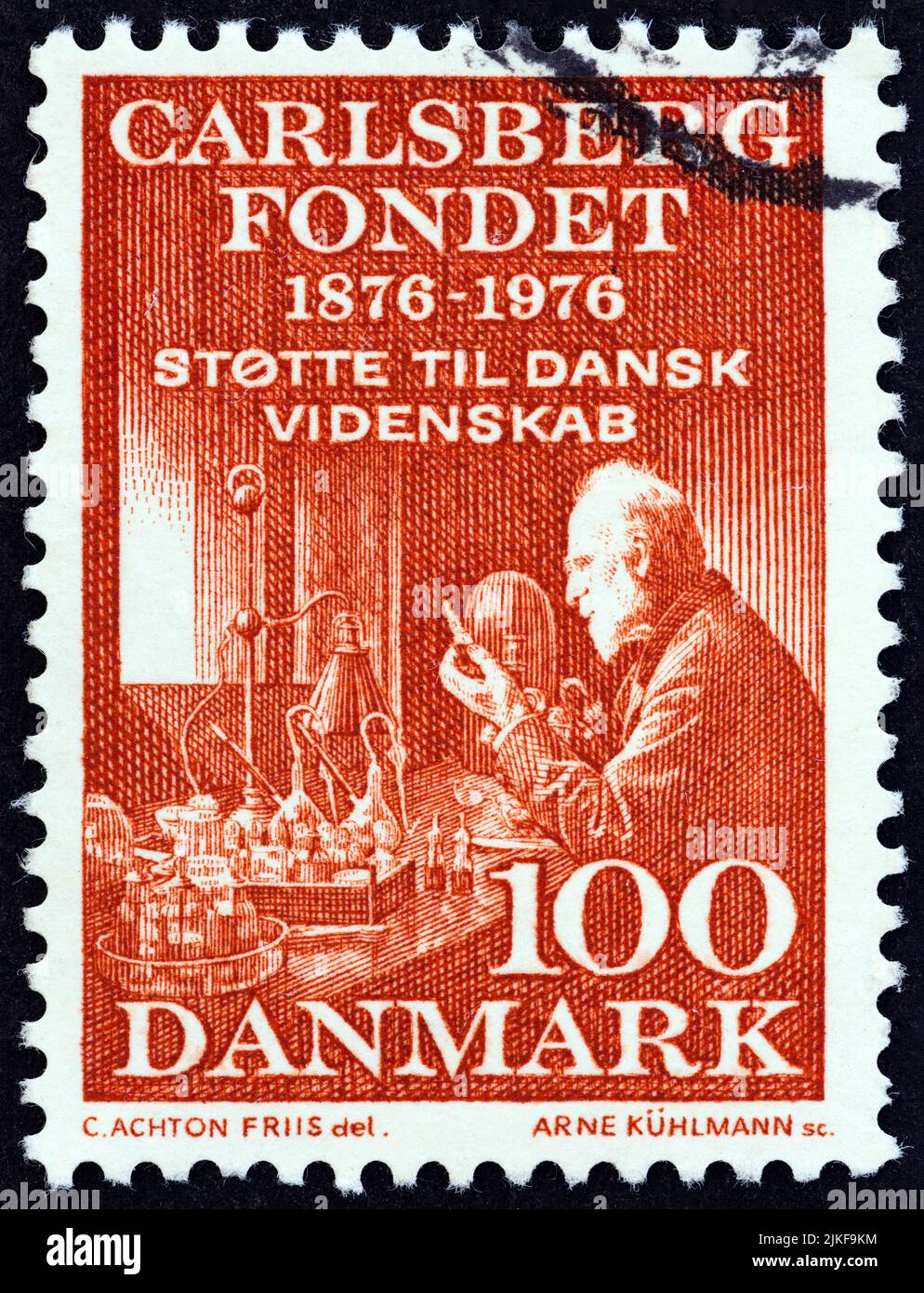 DENMARK - CIRCA 1976: A stamp printed in Denmark issued for the 100th Anniversary of the Carlsberg Foundation shows Professor Emil Hansen, circa 1976. Stock Photo