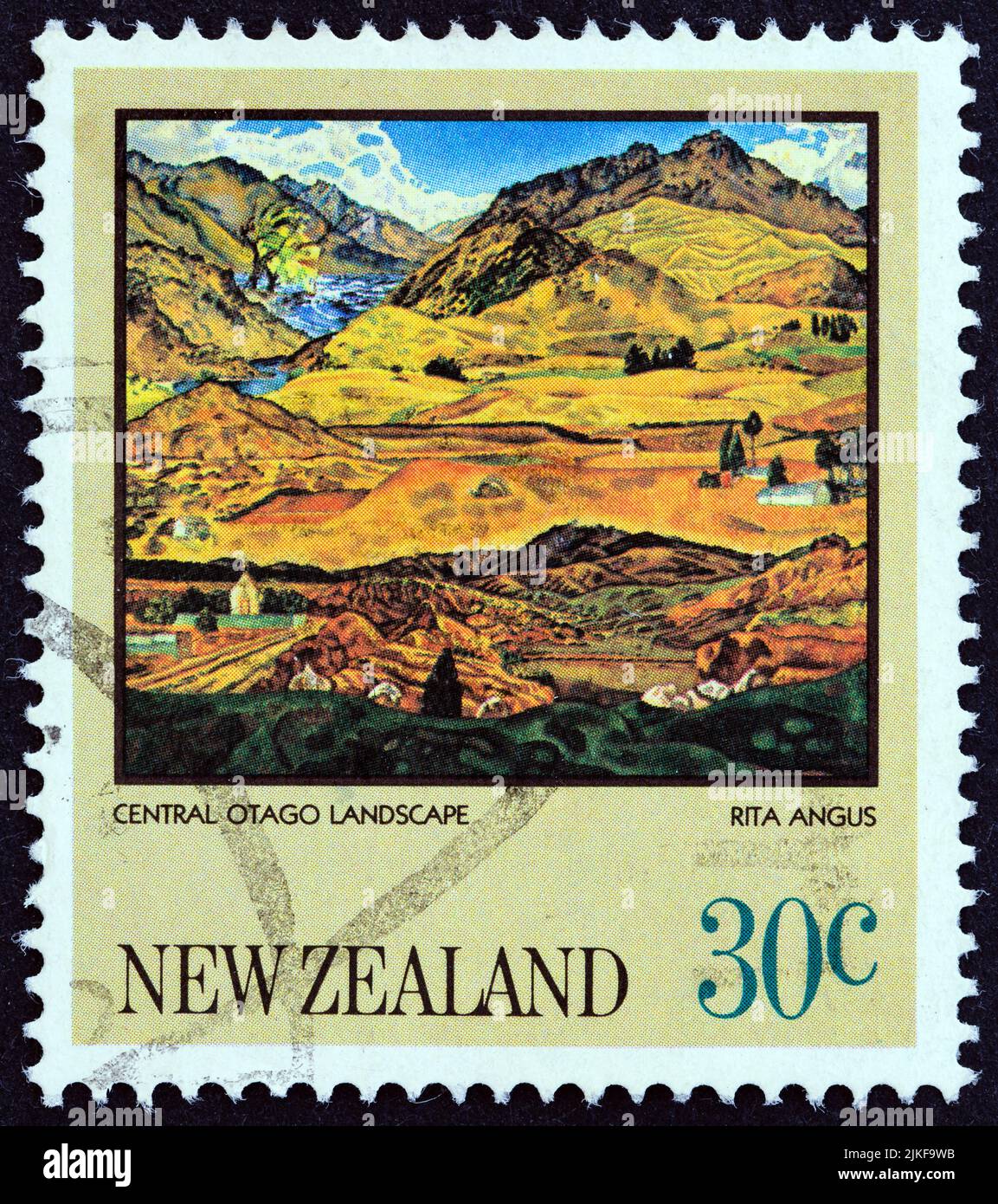 NEW ZEALAND - CIRCA 1983: A stamp printed in New Zealand from the 'Paintings by Rita Angus' issue shows Central Otago Landscape, circa 1983. Stock Photo