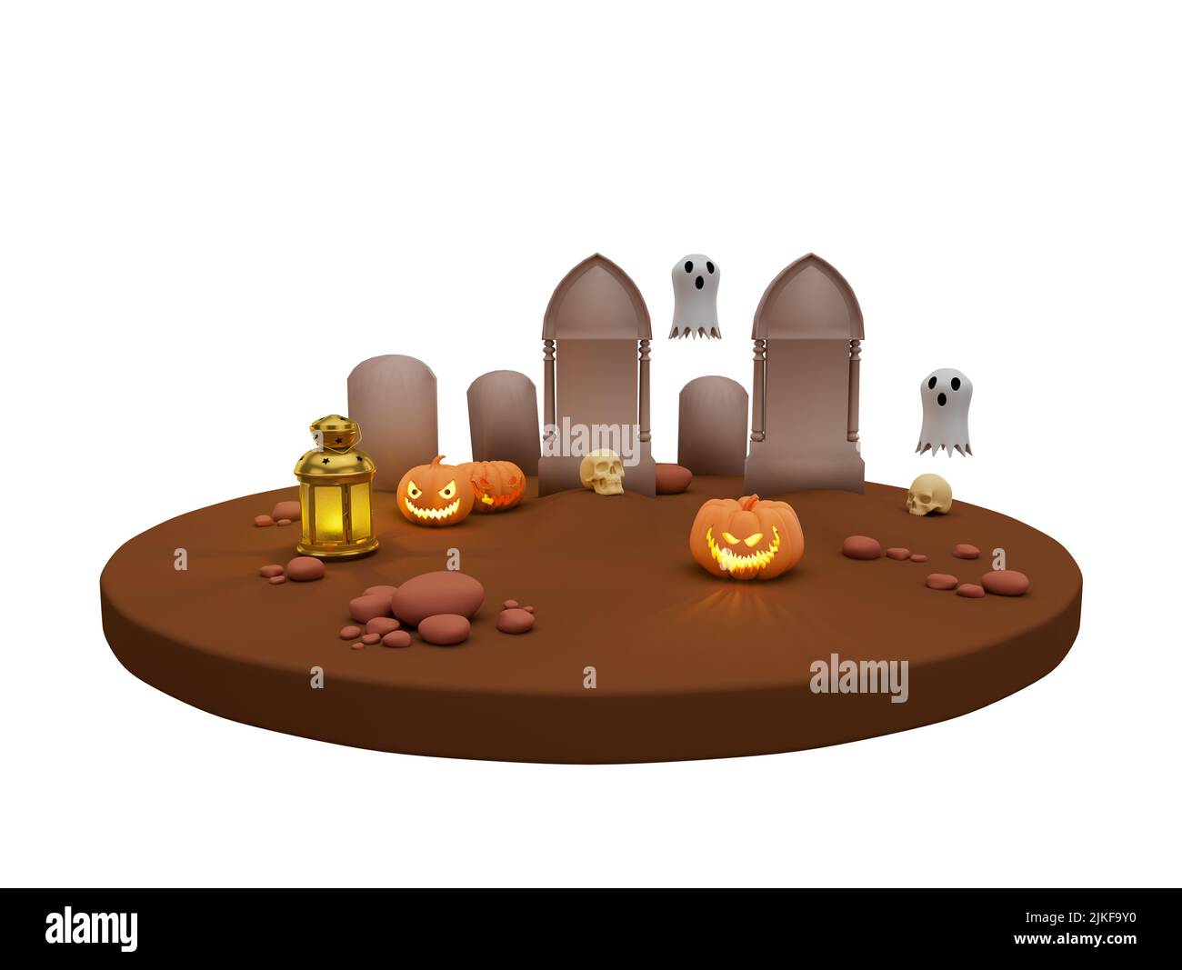 3d illustration of Halloween pumpkin lantern, tombstone and white ghost ...