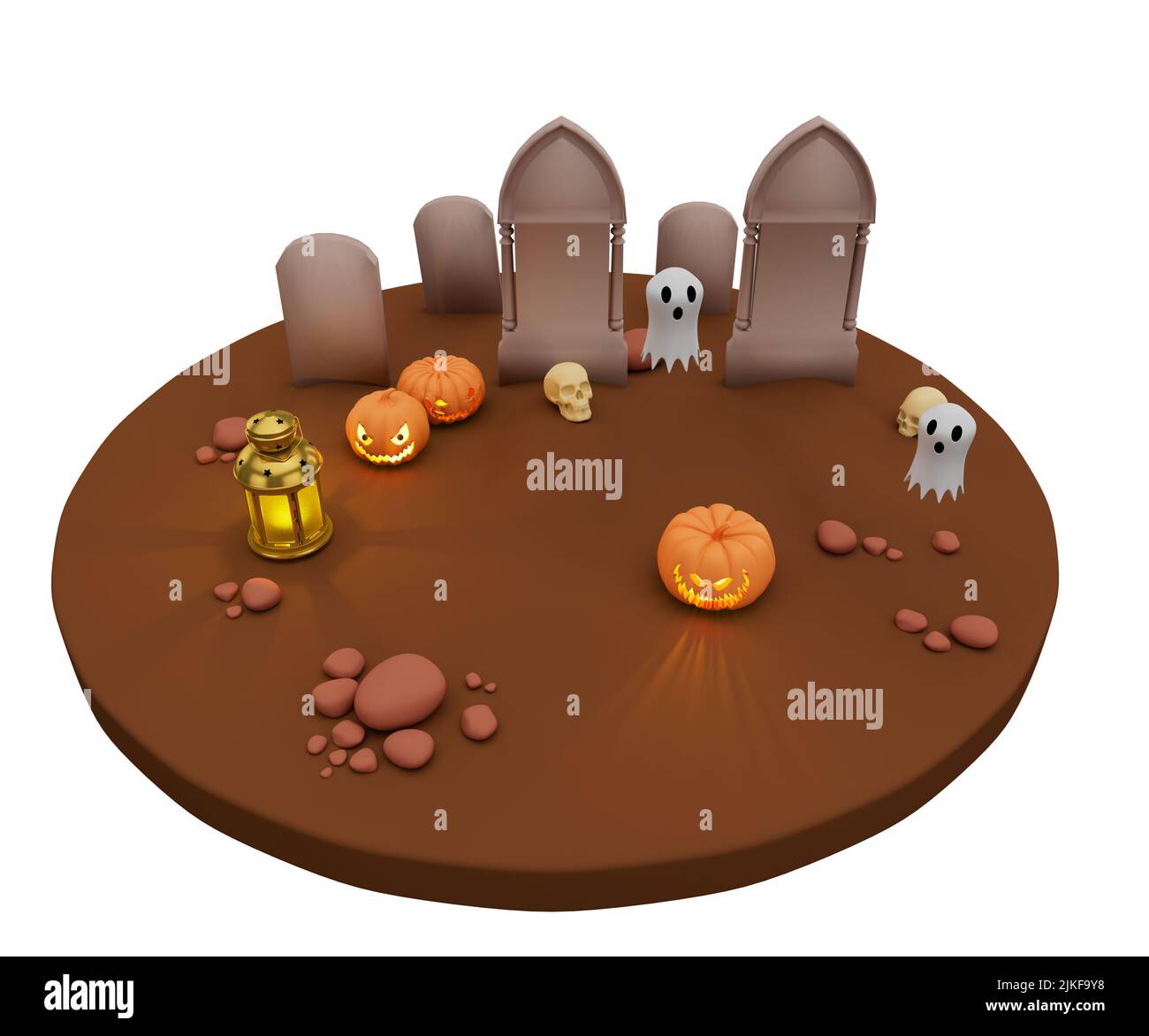 3d illustration of Halloween pumpkin lantern, tombstone and white ghost ...