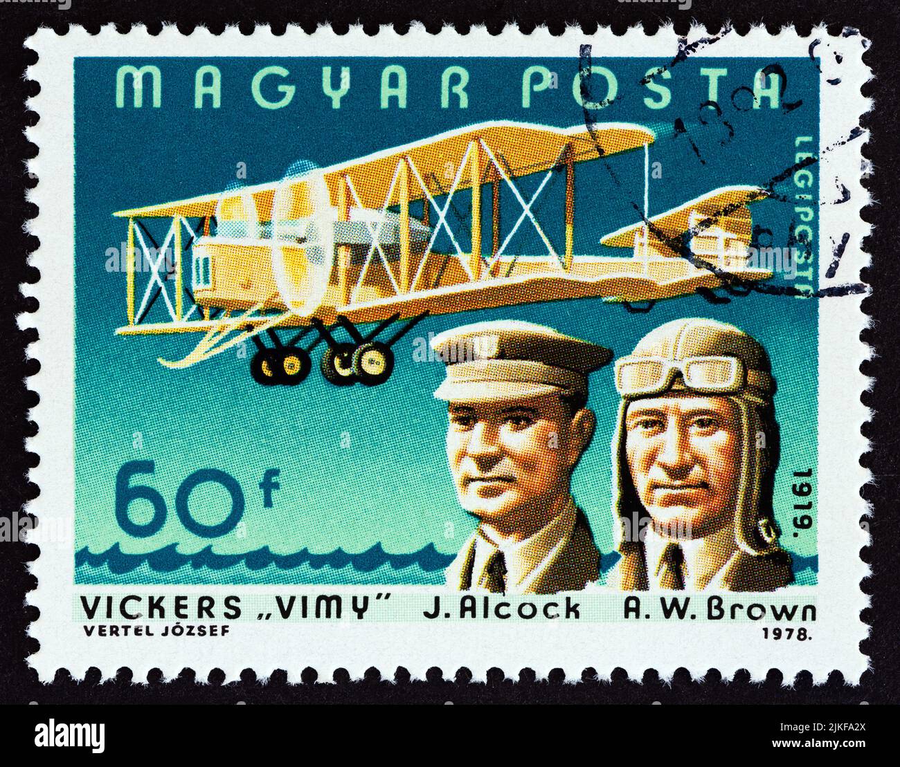 HUNGARY - CIRCA 1978: A stamp printed in Hungary shows John Alcock and Arthur Whitten Brown, first non-stop transatlantic flight, 1919, circa 1978. Stock Photo
