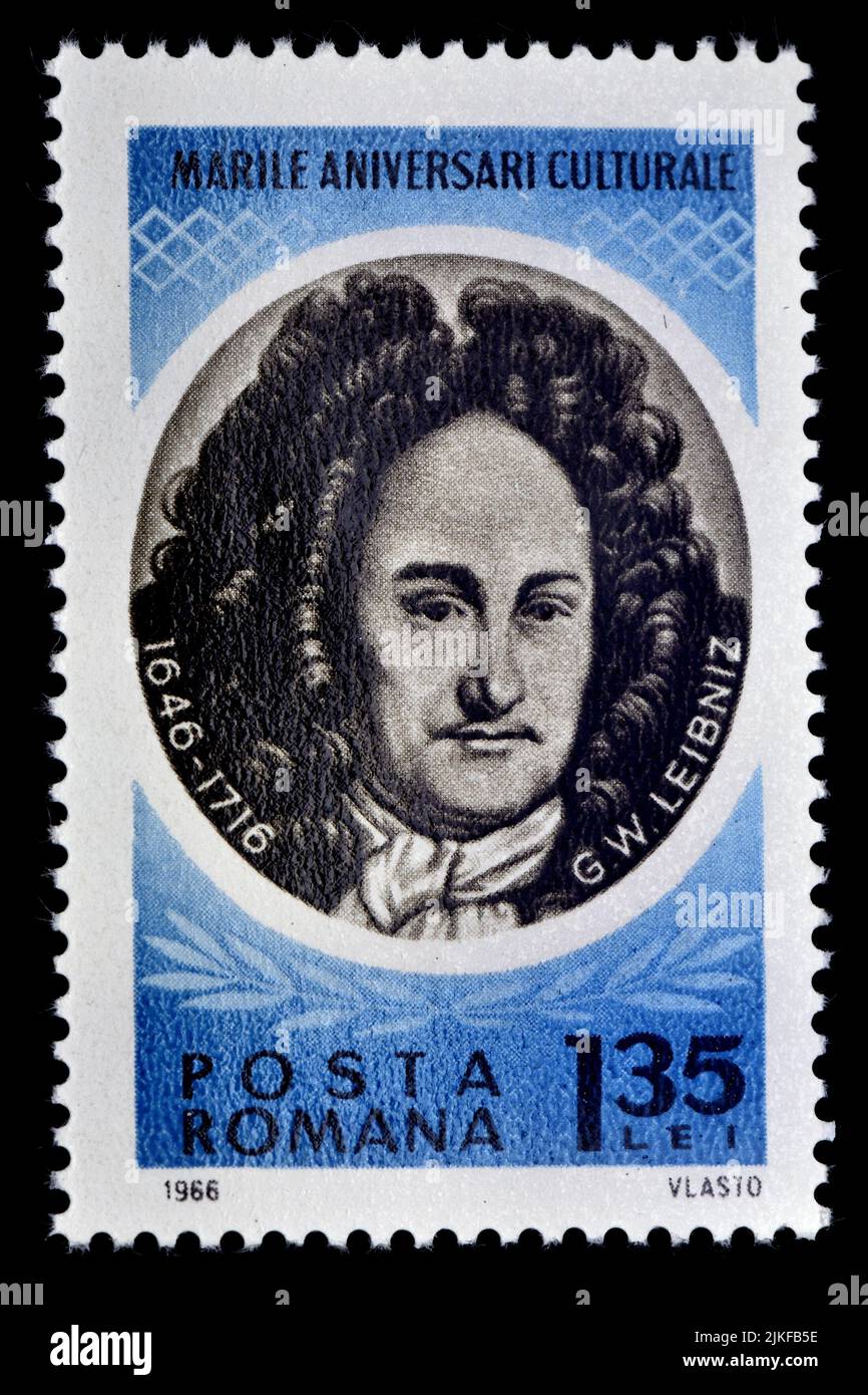 Romanian postage stamp (1966) : Gottfried Wilhelm Leibniz (1646-1716), German Philosopher Stock Photo