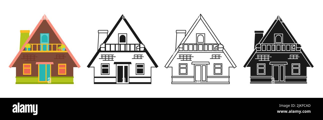 House front flat cartoon or engraved ink stamp or linear doodle design ...