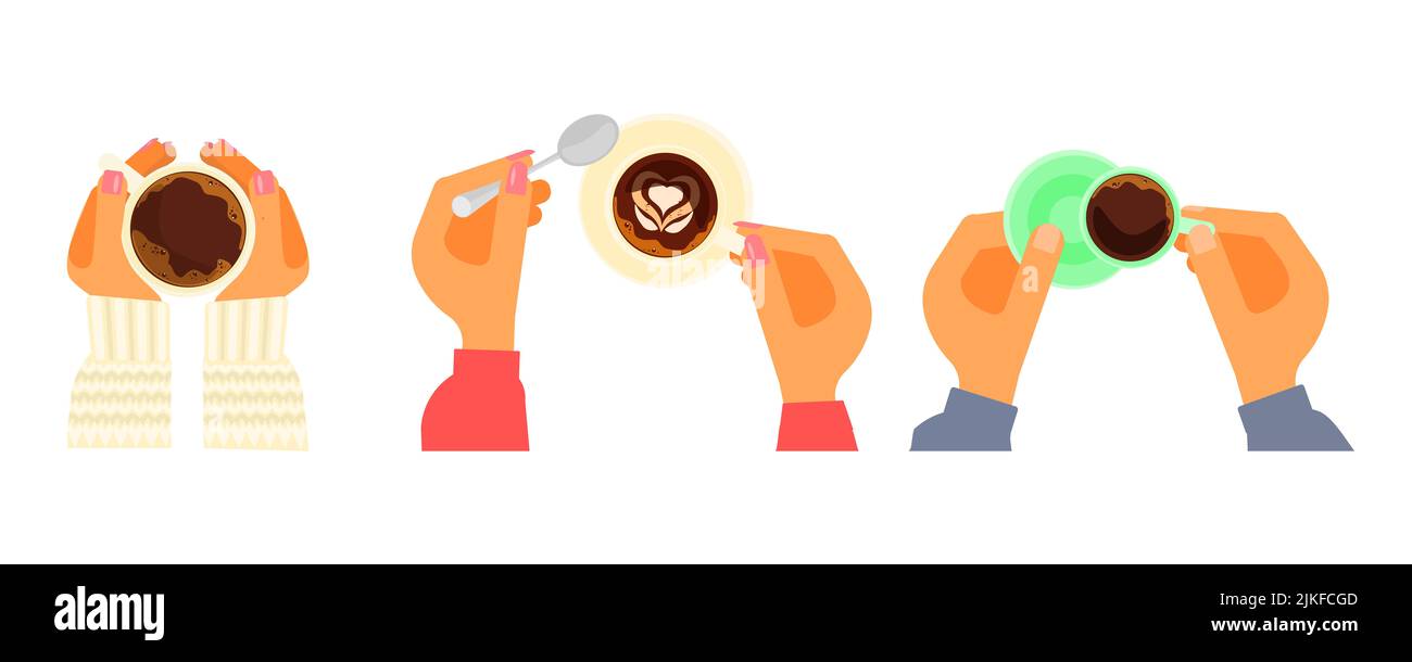 Set of Human hands are holding hot cup of coffee top view. Coffee time ...
