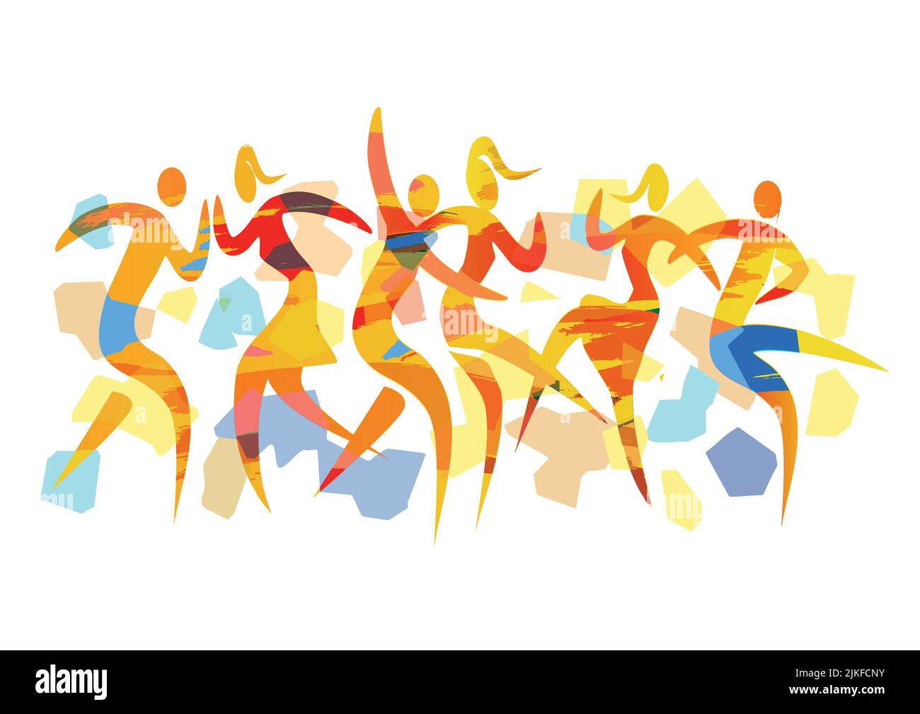 Dancing couples, summer disco party, modern dance. Expressive colorful illustration of three disco dancing couples on colorful abstract background. Stock Vector