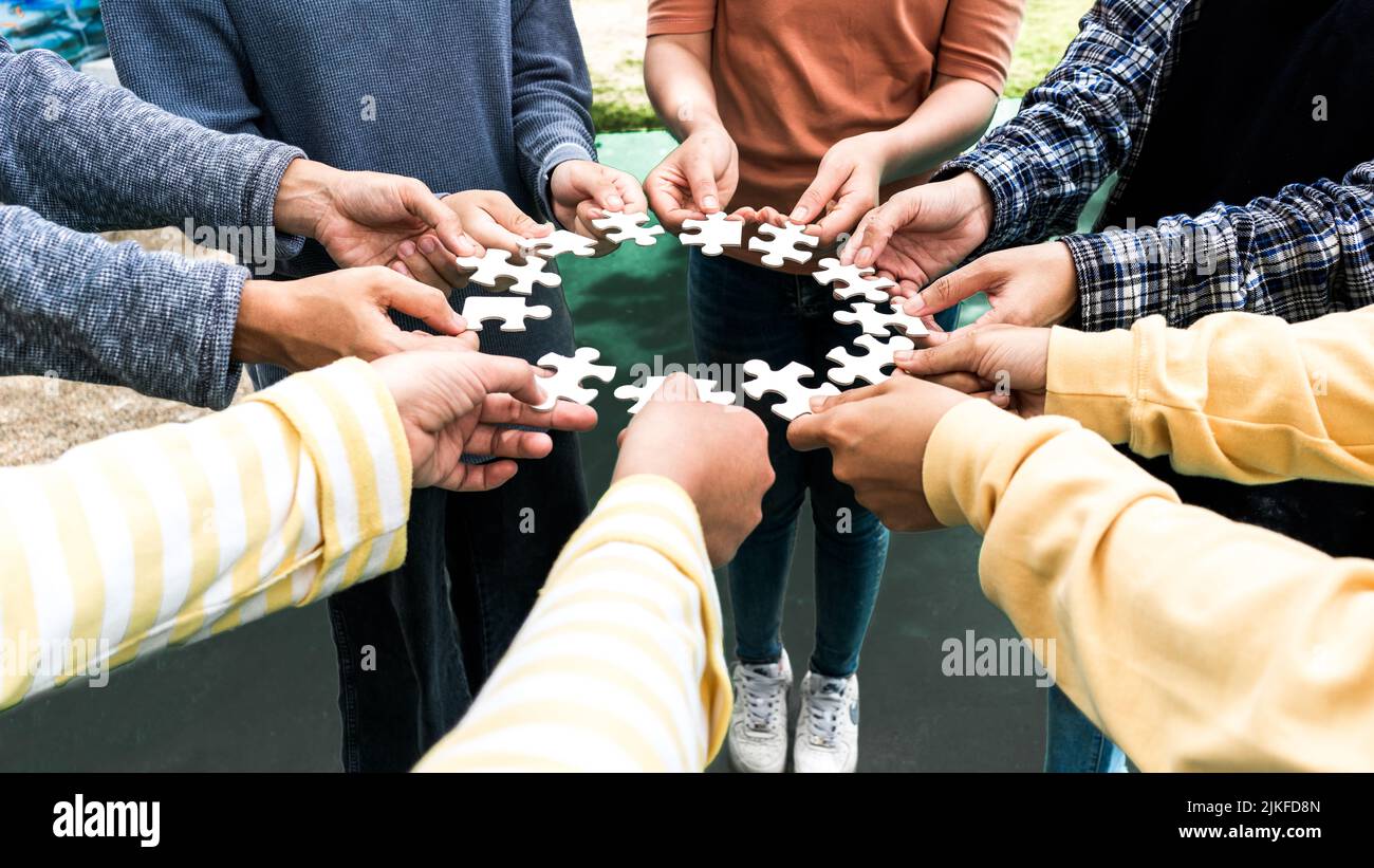 Team Hands Empathy Trust Partner partnership grow and placing the jigsaw puzzle for connect business partner and connection integration start up conce Stock Photo