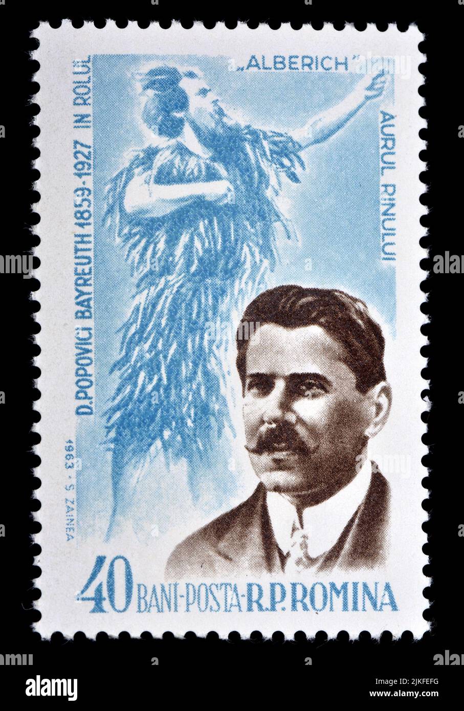 Romanian postage stamp (1963) : Dimitrie Popovici-Bayreuth (Romanian opera singer) as Alberich Stock Photo