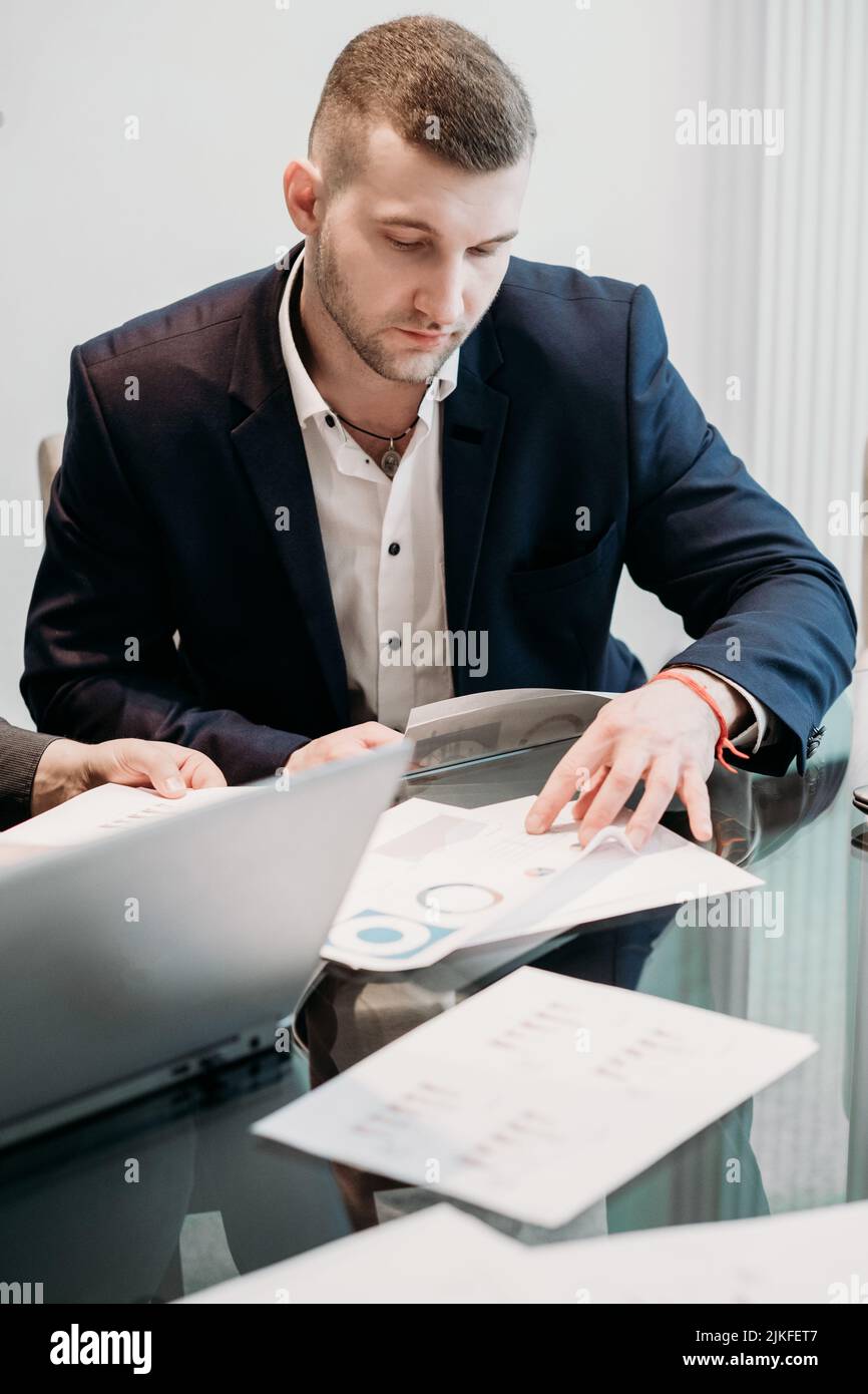business man work data information analysis papers Stock Photo