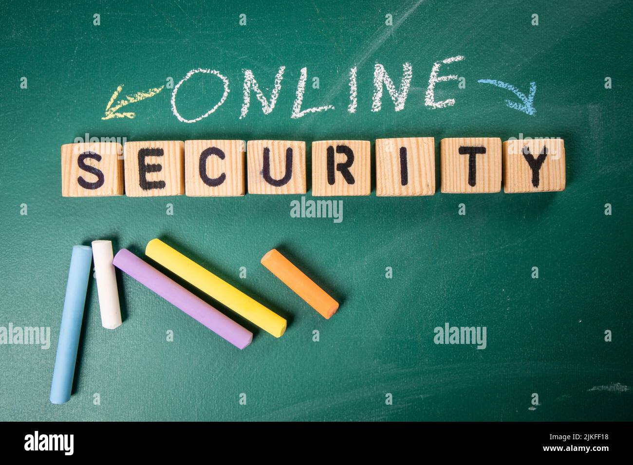 Online Security. Text on a green chalk board. Stock Photo