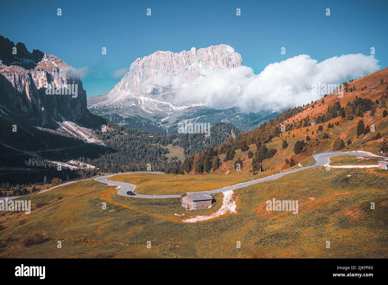 Passo Gardena - Ju de Frara, Gardena pass panoramic view in Italian Alps Stock Photo