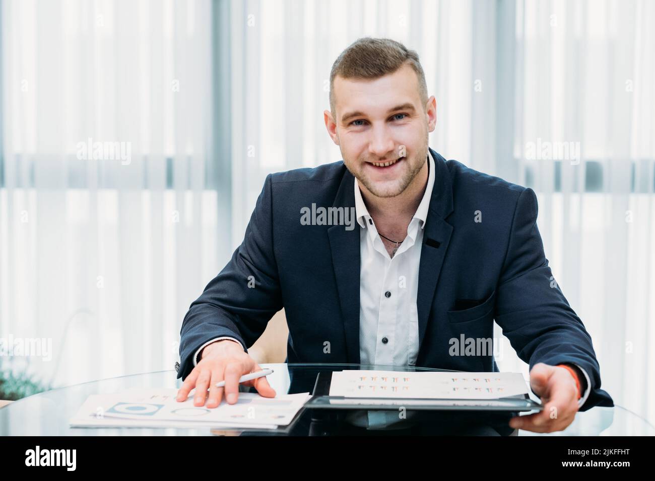 smiling business man entrepreneur office workplace Stock Photo - Alamy