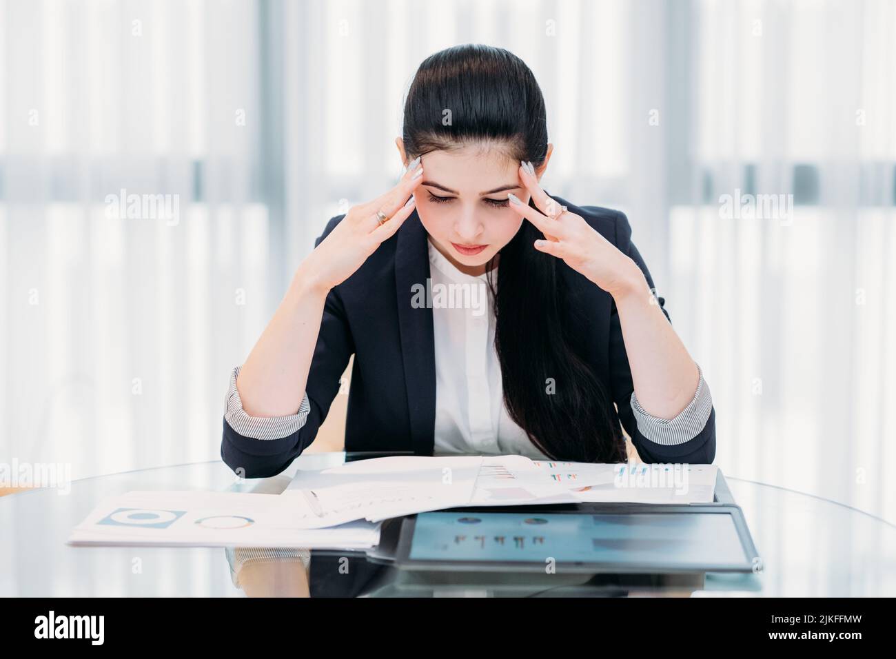 stressed tired office business woman head hands Stock Photo