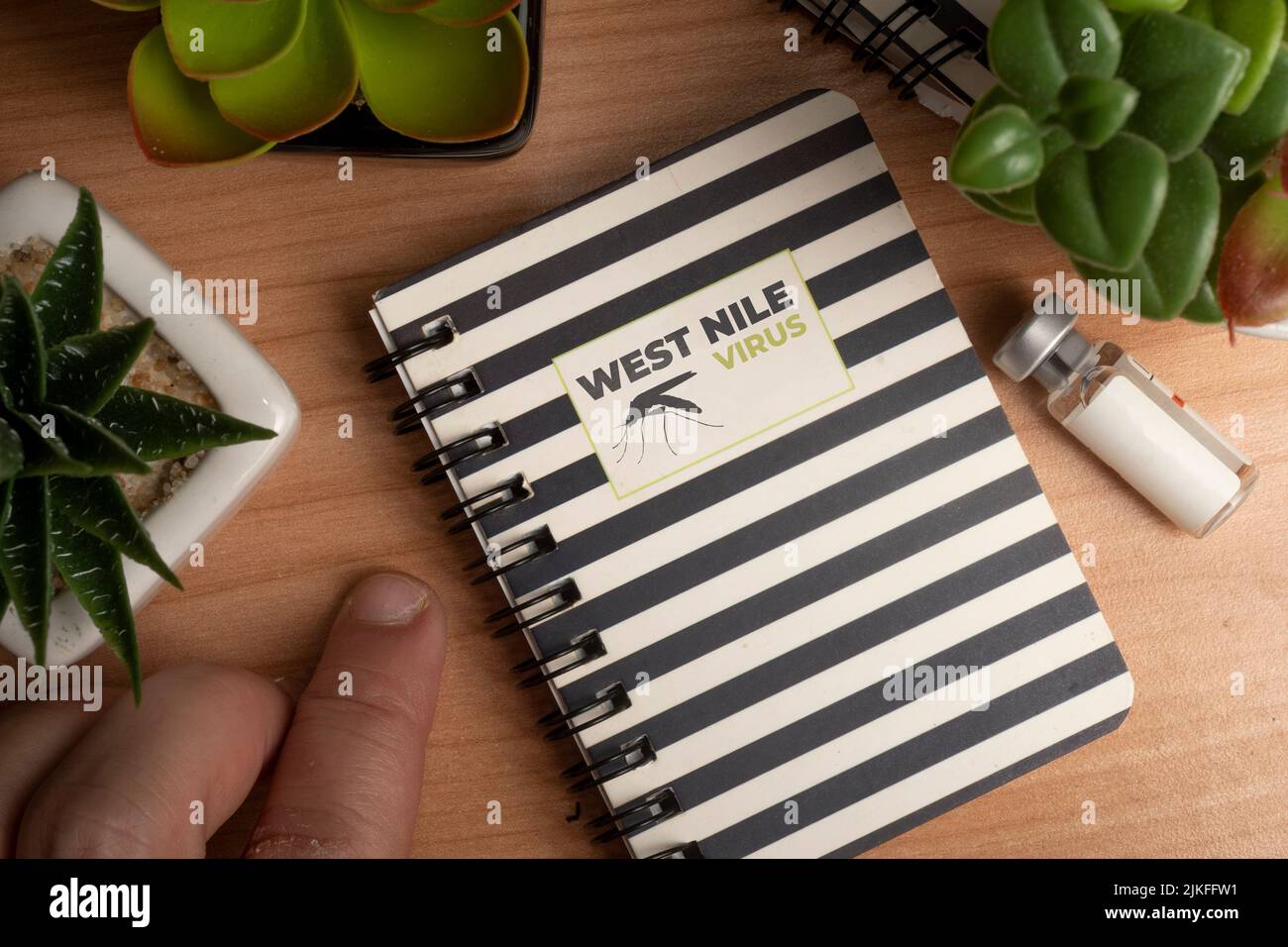 West nile virus concept: notebook on a wooden table with a vial and some plants Stock Photo