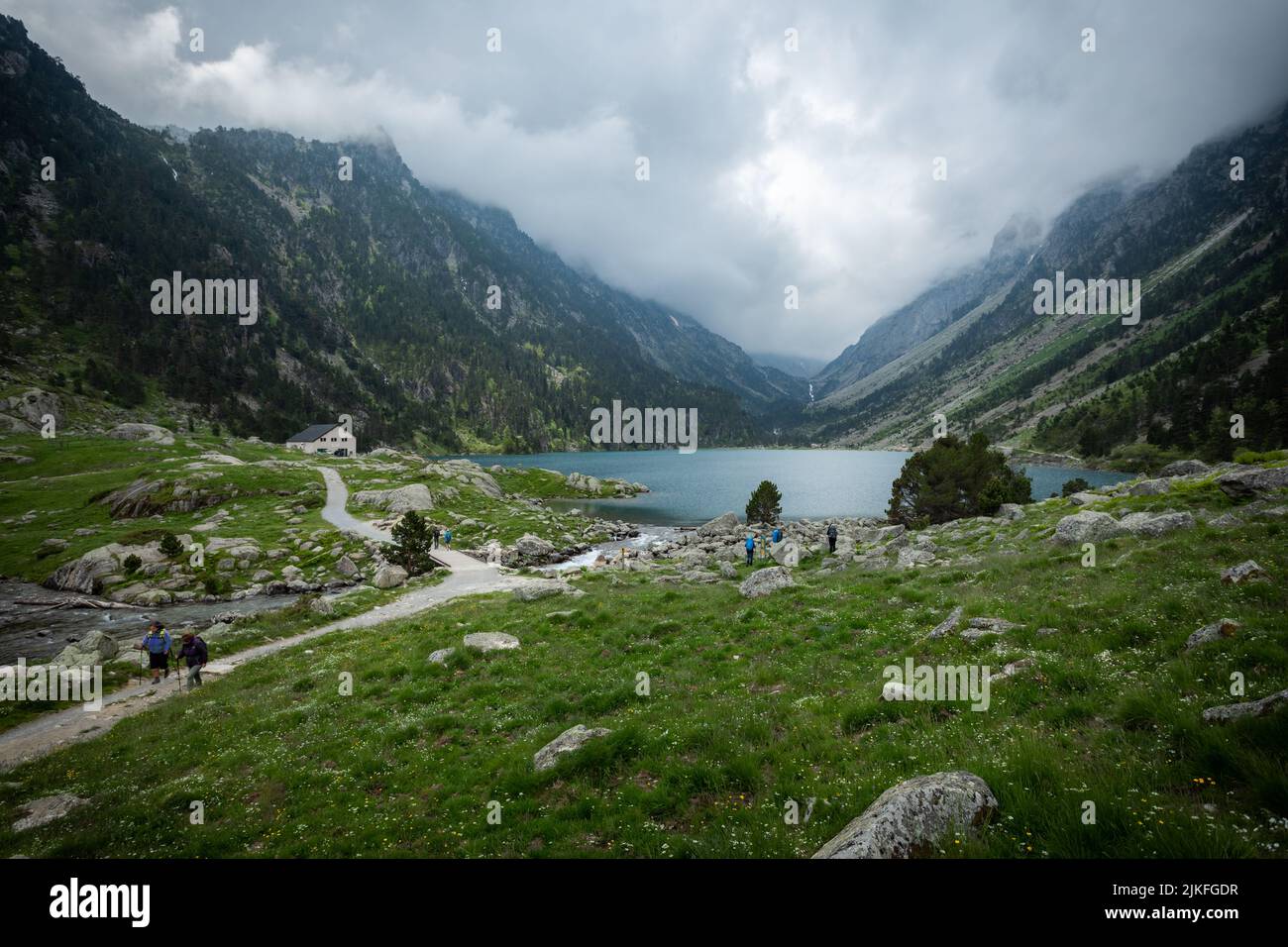 Tourists Adventuring in Lac de Gaube in France Stock Photo