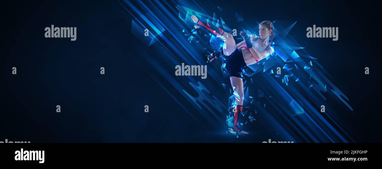 Creative collage with teen-girl, MMA fighter in action, motion isolated on dark background with neoned abstract elements. Concept of sport Stock Photo