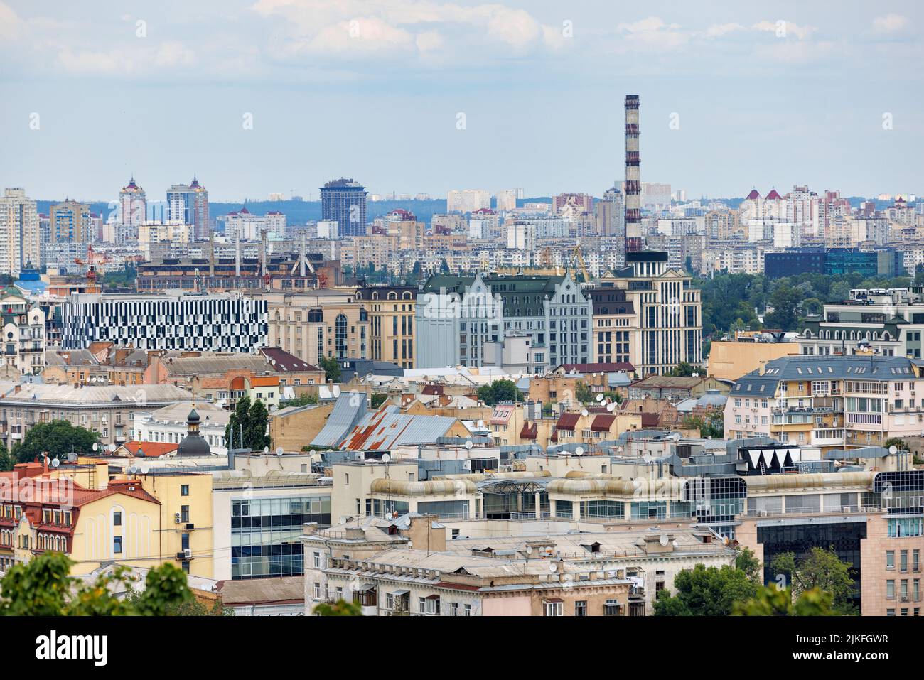 Aerial view, cityscape of Kyiv, view of old and new residential areas under construction on a summer day. Stock Photo