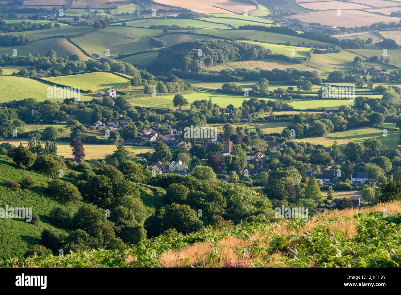 The village of Bicknoller from Weacombe Hill in the Quantock Hills, Somerset, England. Stock Photo