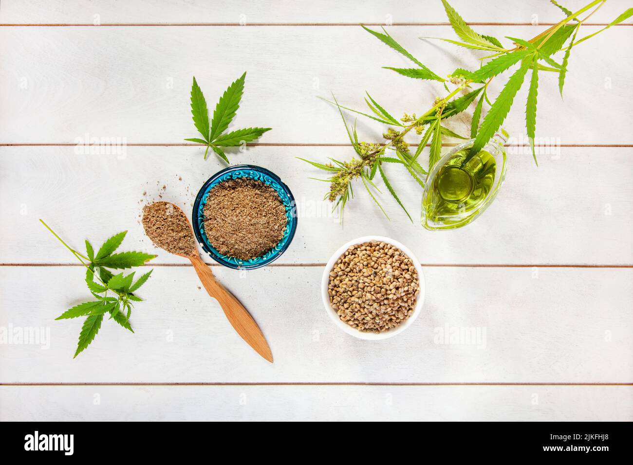 Hemp food products. Whole hemp seeds, ground seeds, oil, leaves and