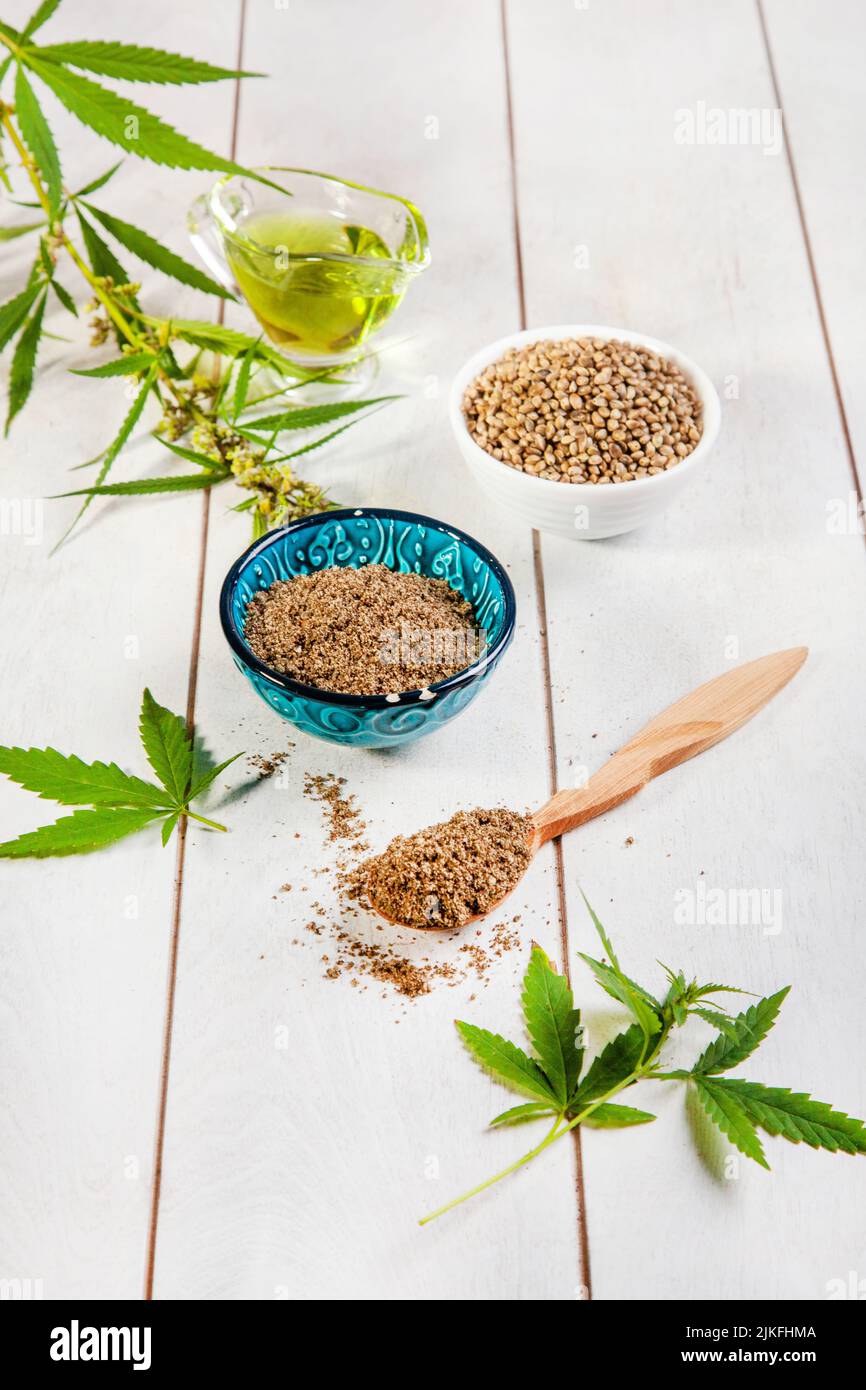 Hemp food products. Whole hemp seeds, ground seeds, oil, leaves and