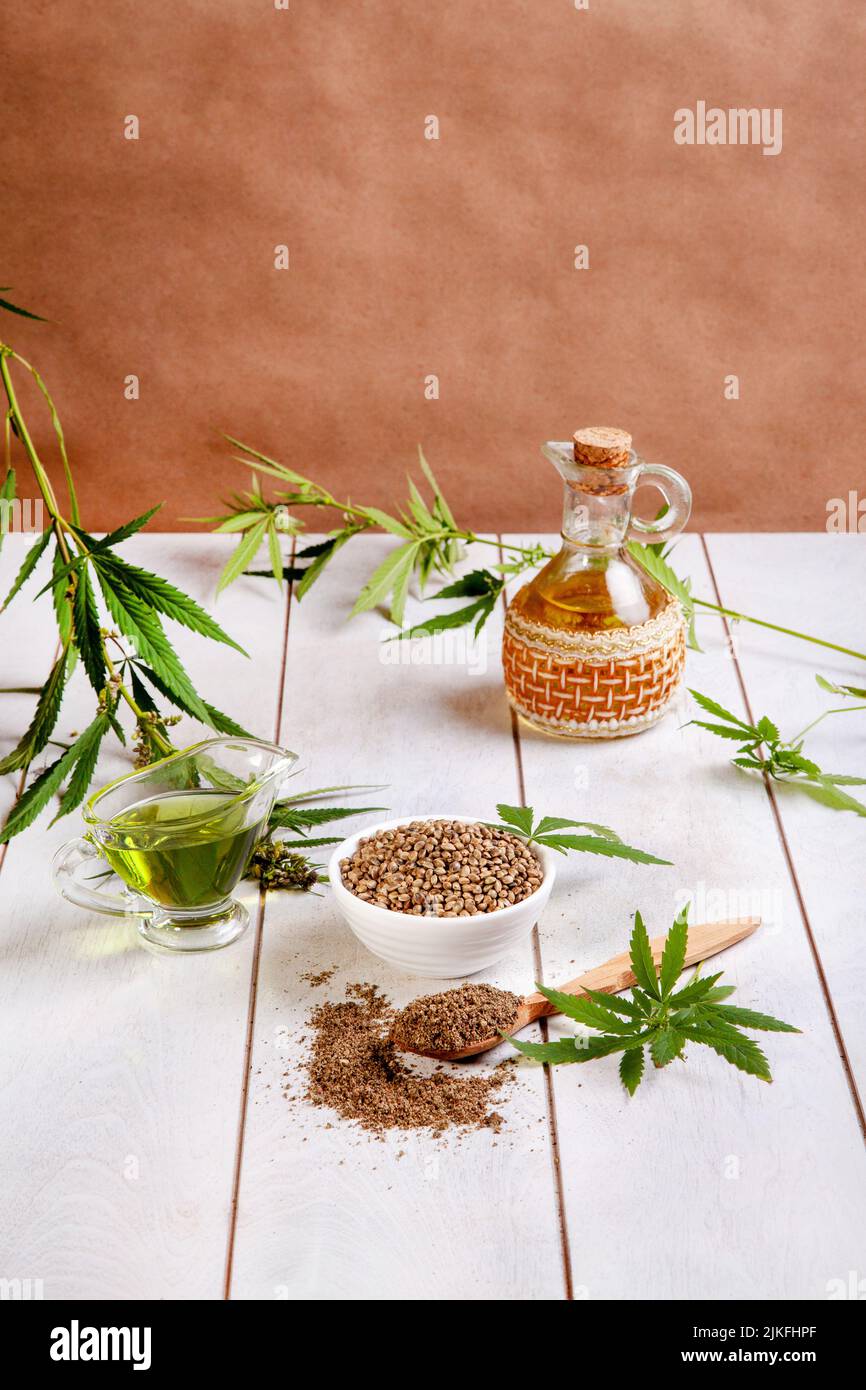 Hemp food products. Whole hemp seeds, ground seeds, oil, leaves and