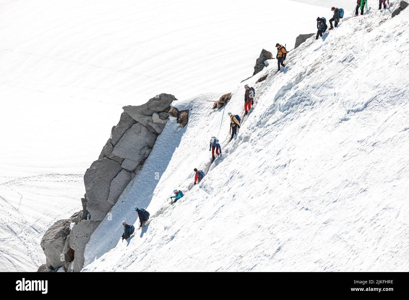 Ski climbers descending from the summit of Aiguille du Midi in Mont ...
