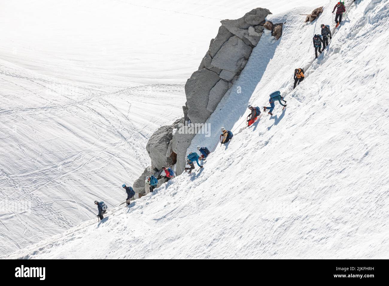 Ski climbers descending from the summit of Aiguille du Midi in Mont ...