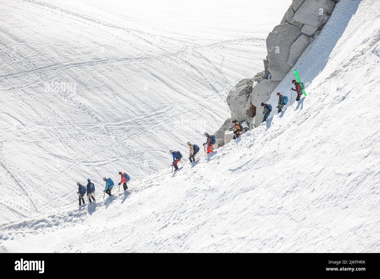 Ski climbers descending from the summit of Aiguille du Midi in Mont ...
