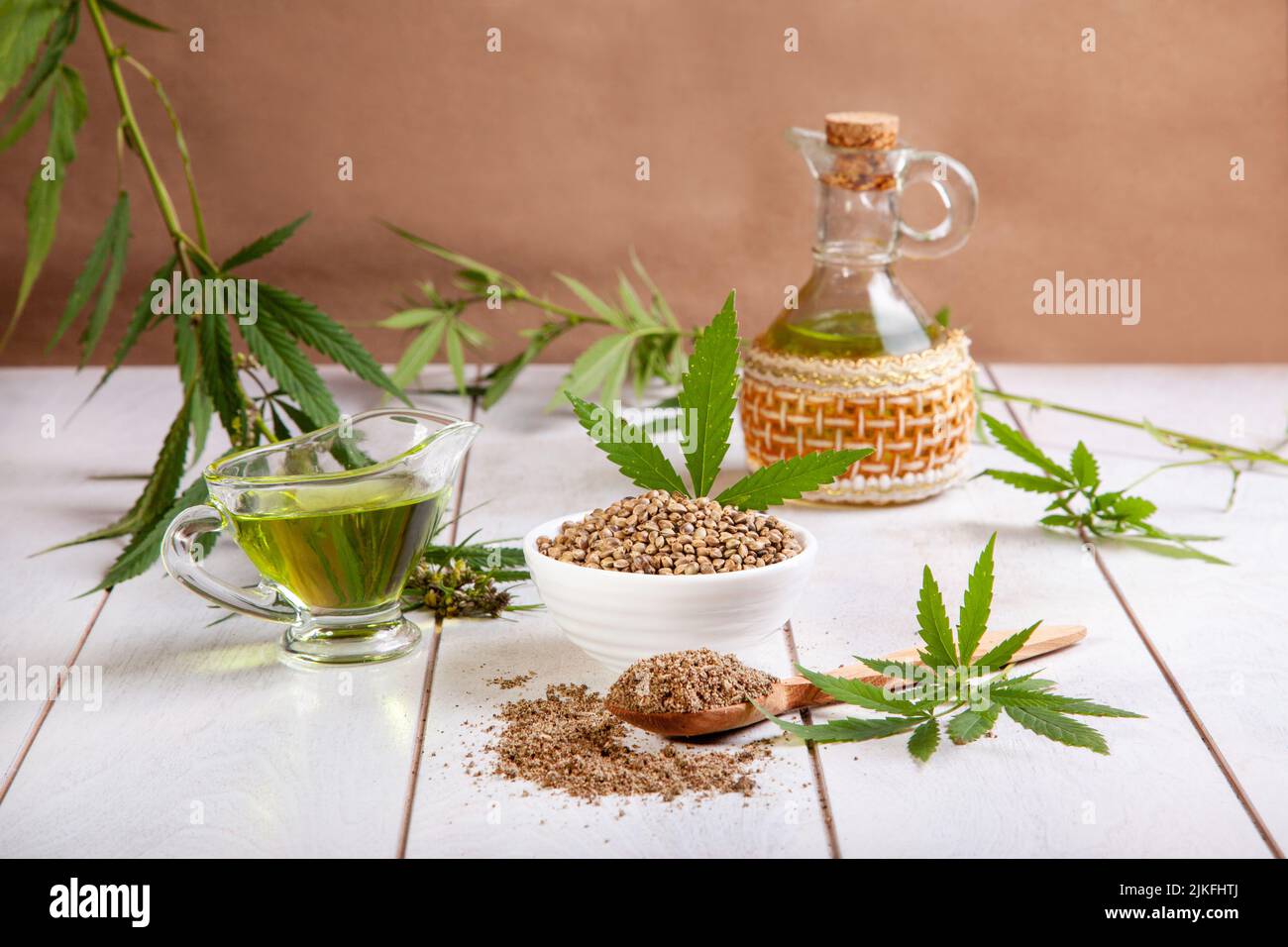 Hemp food products. Whole hemp seeds, ground seeds, oil, leaves and